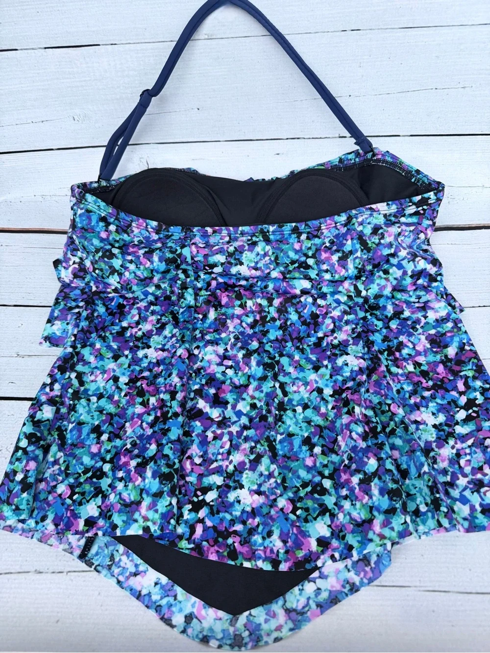Vibrant Blue & Purple Abstract Floral Ruffle Tankini Top - Size 10